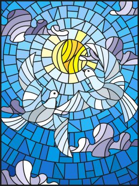 Vitray stilini ve arka plan üzerinde beyaz güvercin çifti ile çizimde gündüz gökyüzü ve bulutlar