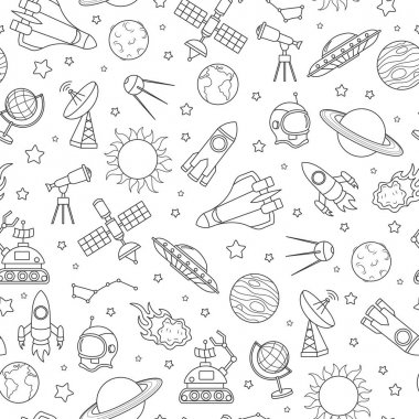 Uzay ve uzay uçuşu, beyaz zemin üzerine koyu kontur simgeler konulu seamless modeli