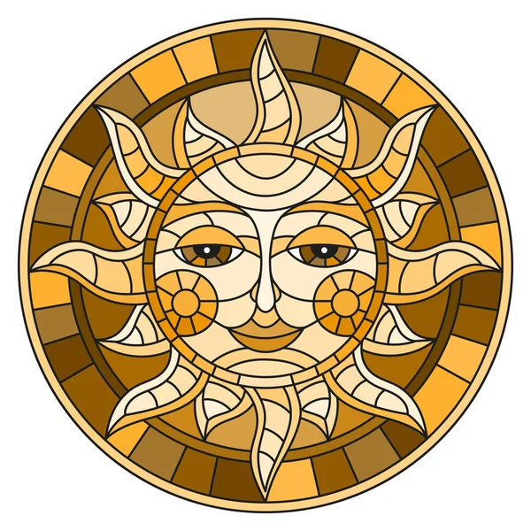 Illustratie in de stijl van een glasraam met abstracte zon in frame, ronde, bruine beeldtint — Stockvector