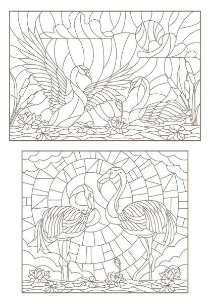 Conjunto de ilustraciones de vidrieras con pájaros en el estanque un par de cisnes y un par de flamencos — Vector de stock