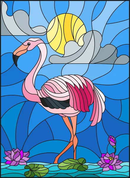 Ilustração em estilo vitral com Flamingo, flores de lótus e juncos em uma lagoa ao sol, céu e nuvens — Vetor de Stock