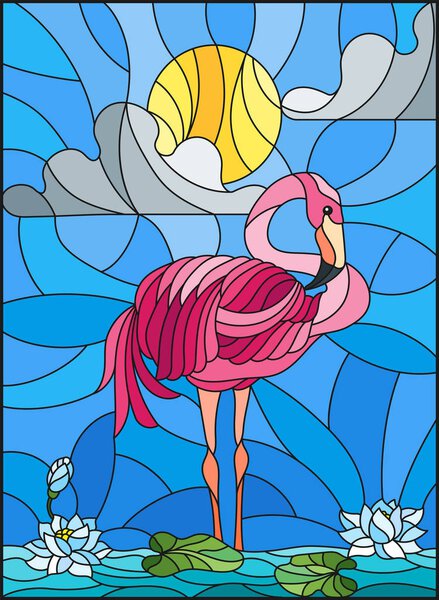 Иллюстрация в витражном стиле с фламинго, цветами лотоса и тростником на пруду на солнце, небе и облаках
