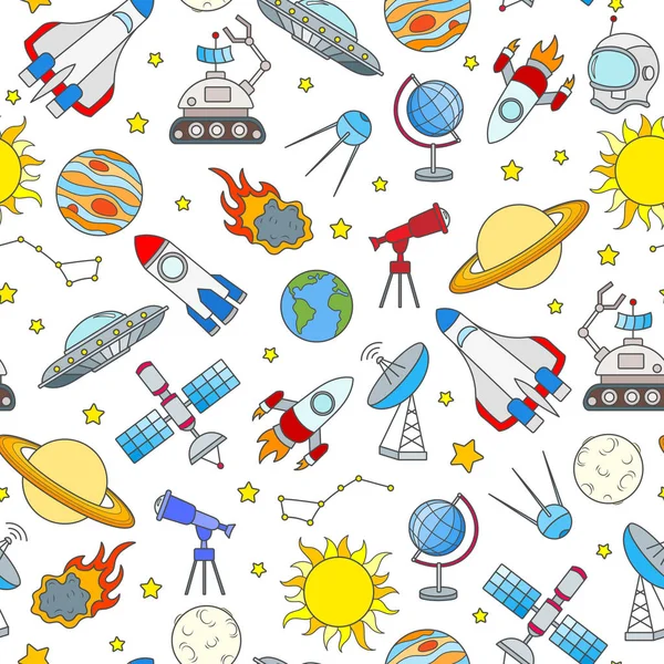 Padrão sem costura sobre o tema do espaço e ícones de cor de viagem espacial no fundo branco — Vetor de Stock