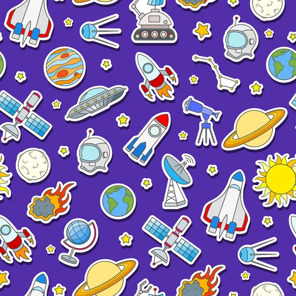 Padrão sem costura sobre o tema do espaço e espaço viagem cor adesivo ícones no fundo azul — Vetor de Stock