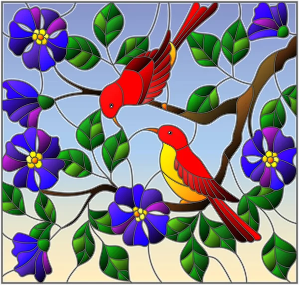 Ілюстрація у вітражному стилі з двома яскраво-червоними птахами на гілках квітучої дикої троянди на фоні неба — стоковий вектор