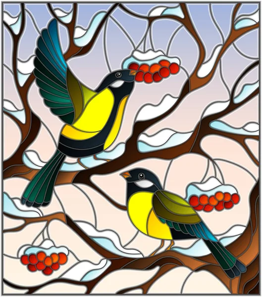 Illustration in stained glass style with a pair of great Tits birds on the branches of a Rowan tree on the background of snow, berries and sky — Stock Vector