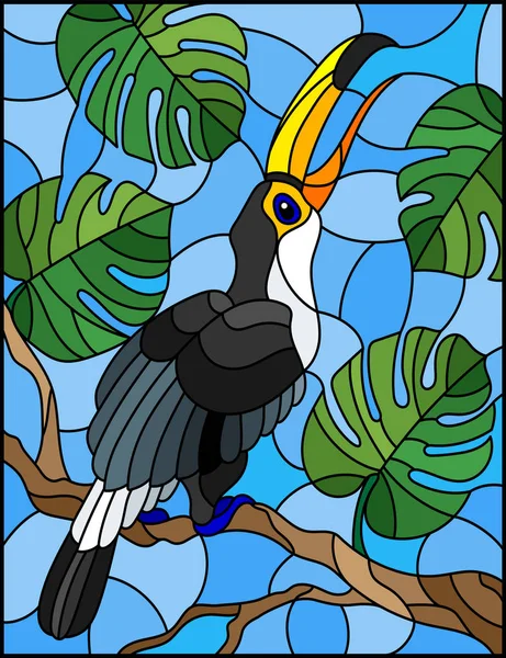 Vitray Tarzı Kuş Toucan Gökyüzüne Karşı Tropik Ağaç Şube Çizimde — Stok Vektör