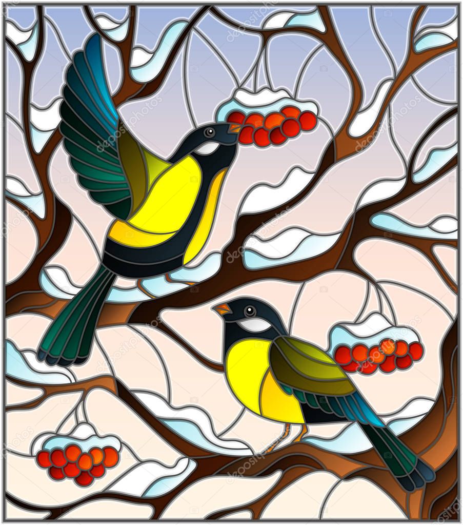 Illustration in stained glass style with a pair of great Tits birds on the branches of a Rowan tree on the background of snow, berries and sky