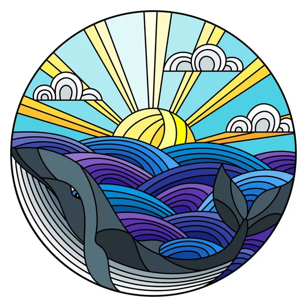 Vitray stil balina çizimde dalgalar, güneşli gökyüzü ve bulutlar, yuvarlak görüntü içine — Stok Vektör