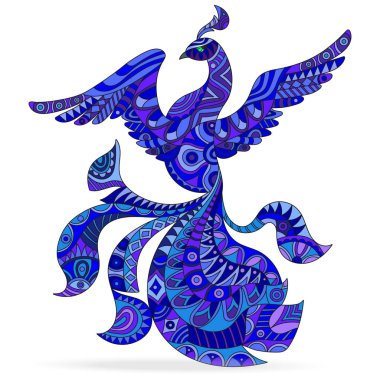 Soyut illüstrasyon mavi desenli uçan tavus kuşu beyaz arka planda, ayrı tut ile