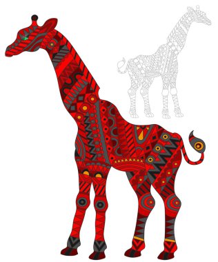 Illustration soyut kırmızı zürafa, hayvan ve anahattını beyaz zemin üzerine boyalı, izole