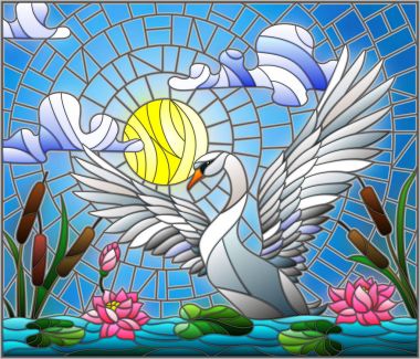 Vitray stil kuğu, Lotus çiçek ve sazlık güneş, gökyüzü ve bulutlar bir su birikintisi üzerinde ile resimde