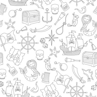 Sorunsuz korsan ve deniz seyahat anahat simgeleri, beyaz arka planda siyah kontur konu gösterimi