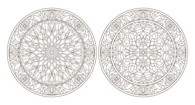 Vitray, vitray çiçek, karanlık Anahat Beyaz bir arka plan üzerinde yuvarlak kontur çizimleri ayarla