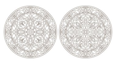 Vitray, vitray çiçek, karanlık Anahat Beyaz bir arka plan üzerinde yuvarlak kontur çizimleri ayarla