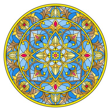 Vitray stil, ayna görüntüsü çiçek süs eşyaları ve swirls ile yuvarlak resimde