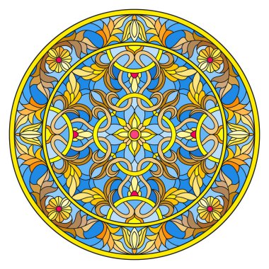 Vitray stil, ayna görüntüsü çiçek süs eşyaları ve swirls ile yuvarlak resimde