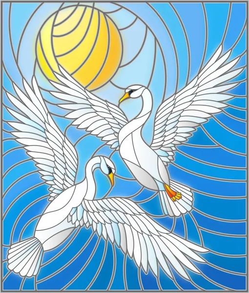 Ілюстрація у вітражному стилі з парою лебедів на тлі денного неба та хмар — стоковий вектор