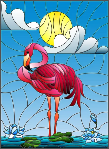 Ilustración en estilo vidriera con Flamingo, flores de Loto y cañas en un estanque al sol, cielo y nubes — Vector de stock