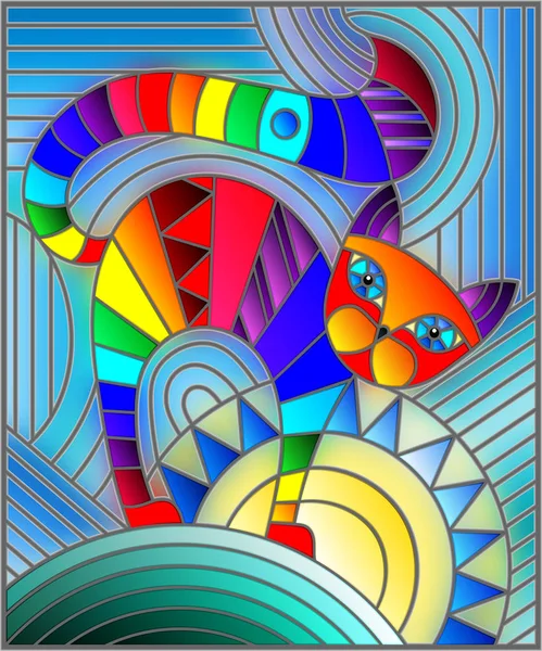 Ilustrace v vitráže stylu s abstraktní geometrické Duhová kočka — Stockový vektor