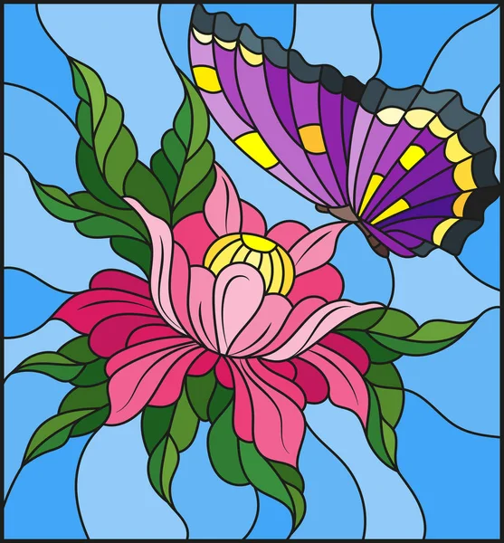 Ilustración en estilo vidriera con una flor rosa y mariposa púrpura brillante sobre un fondo azul — Archivo Imágenes Vectoriales