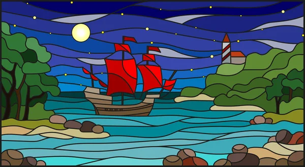 Ilustracja witraże z widokiem na morze, żeglarstwo z czerwone żagle w skalistej zatoce, na tle morza, księżyc i niebo gwiaździste — Wektor stockowy