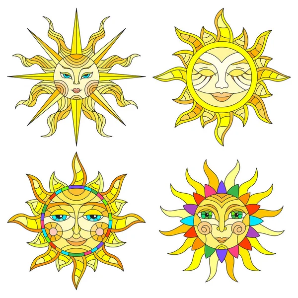 Seperangkat matahari bernoda-kaca dengan wajah-wajah di isolasi latar belakang putih - Stok Vektor