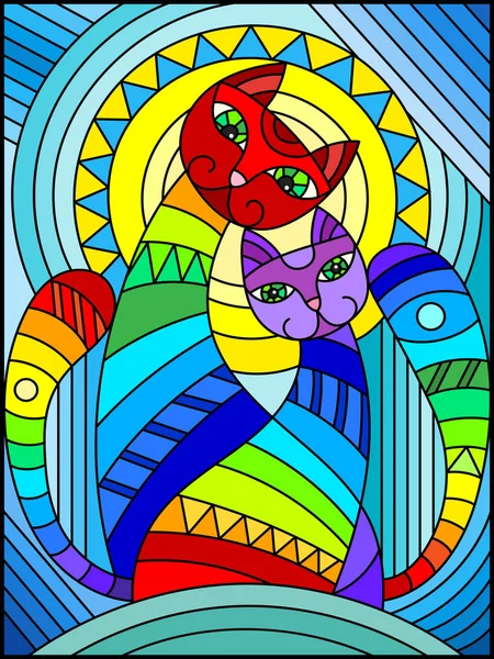 Ilustración en estilo vitral con un par de gatos arcoíris geométricos abstractos sobre un fondo azul con sol — Vector de stock