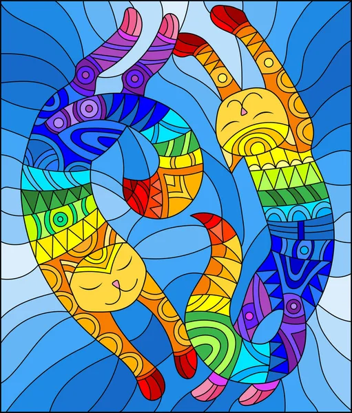 Ilustrasi dengan gaya kaca patri dengan sepasang kucing pelangi geometris abstrak dengan latar belakang biru - Stok Vektor