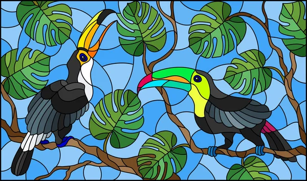 Vitray stil, gökyüzüne karşı tropik ağaç şube Toucan kuşlarda çifti çizimde — Stok Vektör