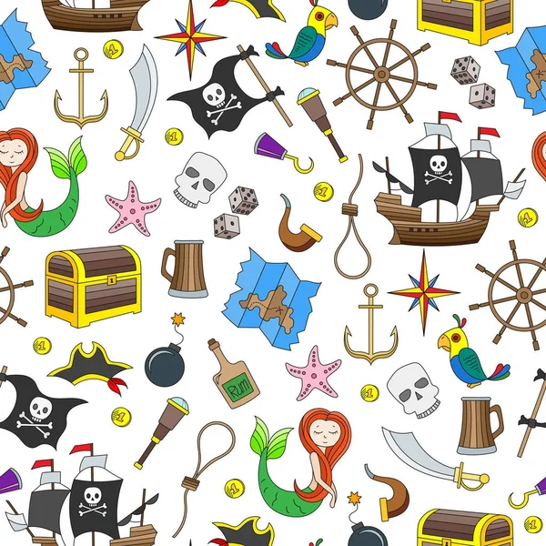 Ilustración sin fisuras del tema de la piratería y los iconos del color de los viajes marítimos sobre fondo blanco — Vector de stock