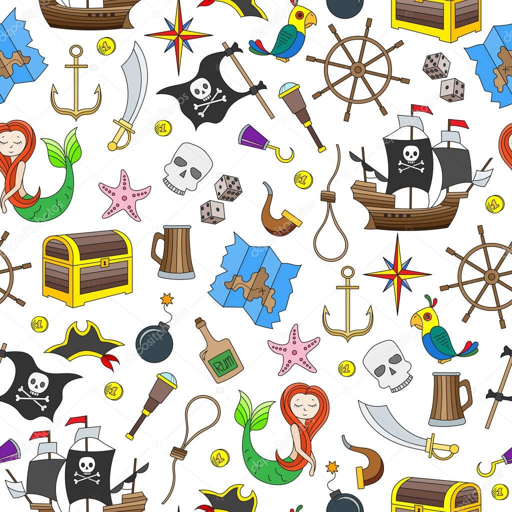 Seamless illustration of the topic of piracy and Maritime travel color icons on white background