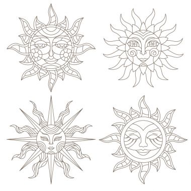 Beyaz zemin üzerinde yüzleri olan bir dizi boyalı cam dış hatlar izole eder.