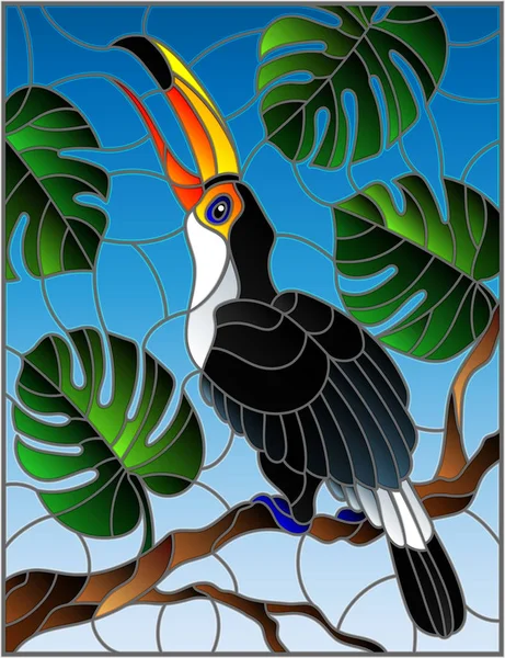 Иллюстрация в витраже птицы Тукан на ветке тропического дерева против неба — стоковый вектор
