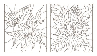 Beyaz arka plan üzerinde vitray kelebekler ve çiçekler, siyah kontur, kontur illüstrasyonlar ayarla