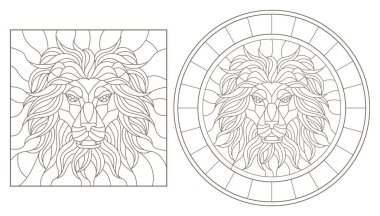 Beyaz arka plan üzerinde vitray bir aslan başı, yuvarlak ve kare görüntü, karanlık kontür kontur çizimleri ayarla