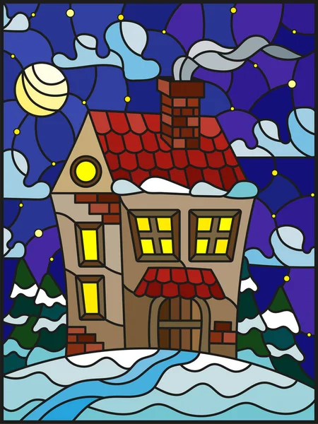 Ilustración en estilo vintage paisaje invernal, casa de pueblo y abetos sobre un fondo de nieve, cielo estrellado y luna — Vector de stock