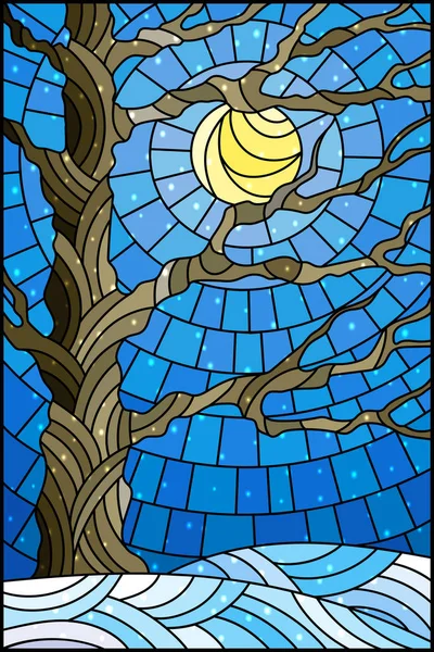 Vitray tarzı ile kış ağaç üzerinde güneş ve kar ile gökyüzü arka plan illüstrasyon