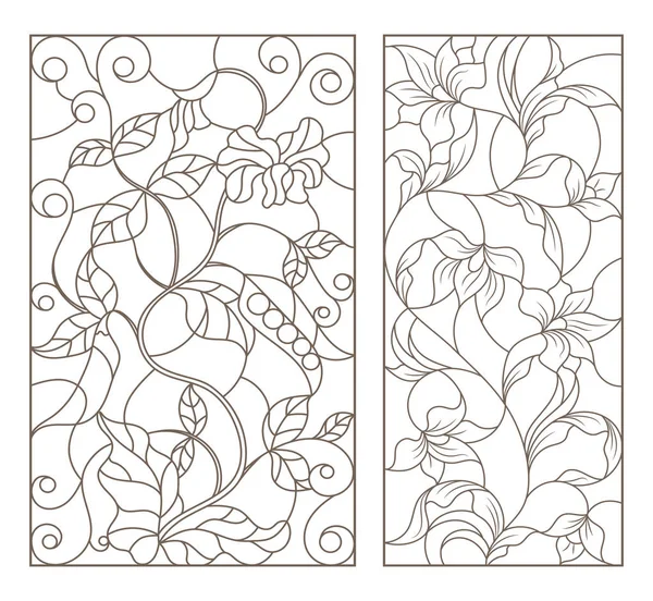 Conjunto de ilustraciones de vidrieras con vides y flores, contorno negro sobre fondo blanco — Vector de stock