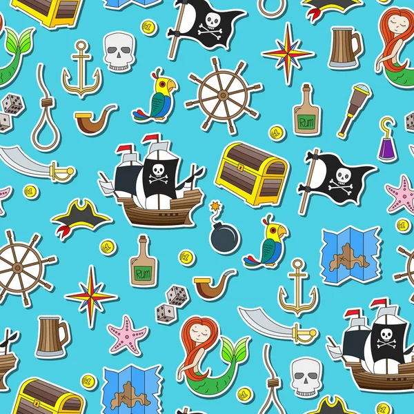 Illustration transparente du thème de la piraterie et des icônes de voyage maritimes couleur stiker sur fond bleu — Image vectorielle