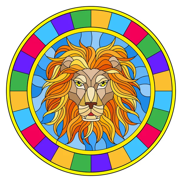 Ilustrace v vitráže stylu malby s lví hlavou, kruhový obraz s hledáčku — Stockový vektor
