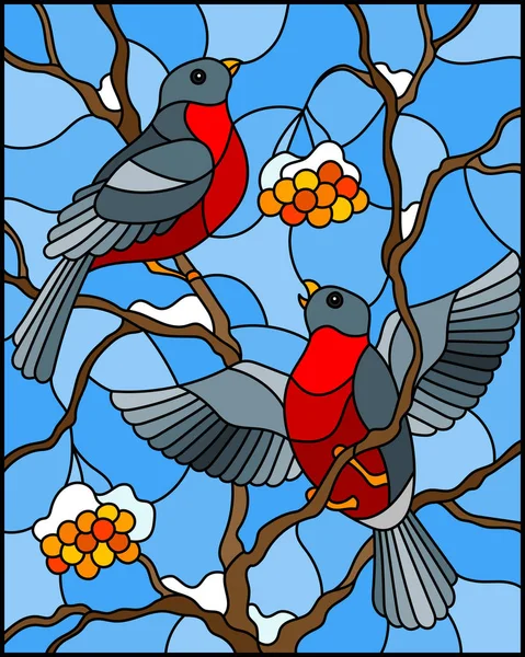 Illustration in Glasmalerei mit einem Paar Vögel Gimpel auf schneebedeckten Ebereschenzweigen mit Beeren auf einem Hintergrund des Himmels — Stockvektor