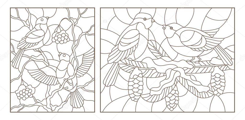 Set contour illustrations of stained glass with birds on the branches of snow-covered trees , dark outlines on a white background