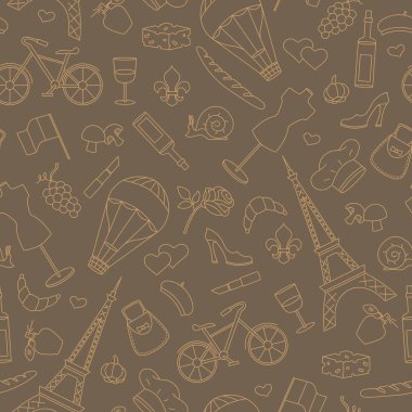 Fransa, basit kontür simgeler, kahverengi bir arka plan üzerinde bej anahat ülkede seyahat Tema seamless modeli