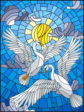 Vitray stilini ve arka plan üzerinde beyaz kuğu bir çift ile çizimde gündüz gökyüzü ve bulutlar