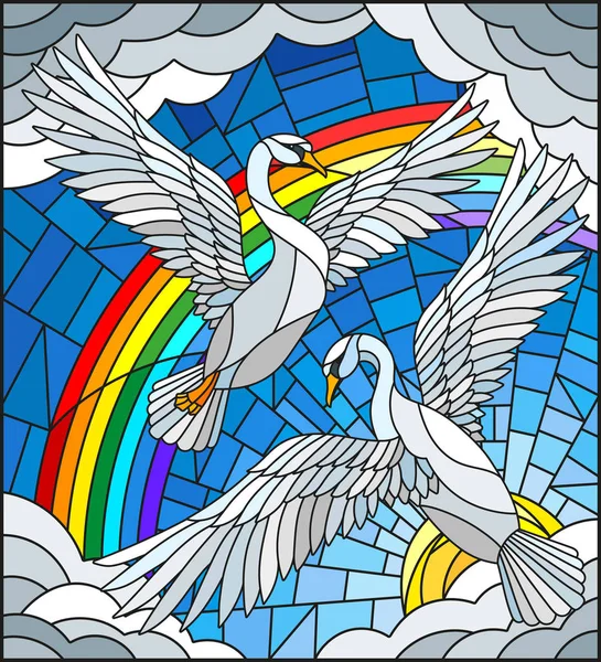 Ilustración en estilo vidriera con un par de cisnes en el fondo del cielo, el sol, las nubes y el arco iris — Archivo Imágenes Vectoriales