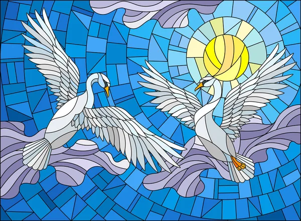 青空、太陽、雲の背景で 2 つの白鳥とステンド グラス スタイルのイラスト — ストックベクタ