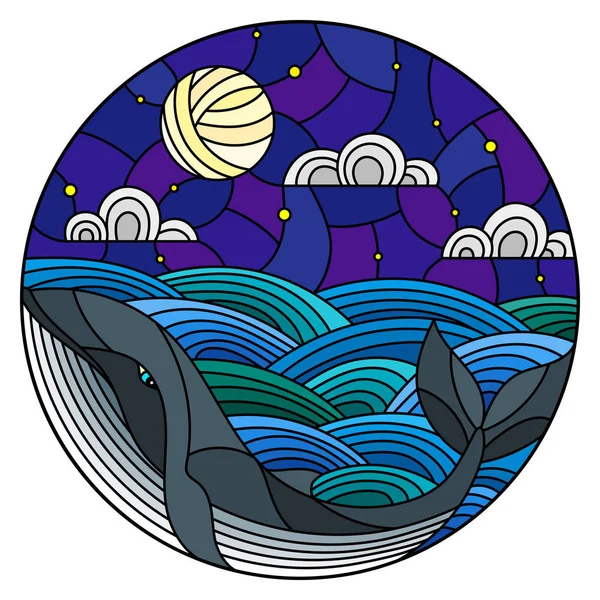 Illustratie in gebrandschilderd glas stijl walvis in de golven, de sterrenhemel, de maan en de wolken, ronde afbeelding — Stockvector