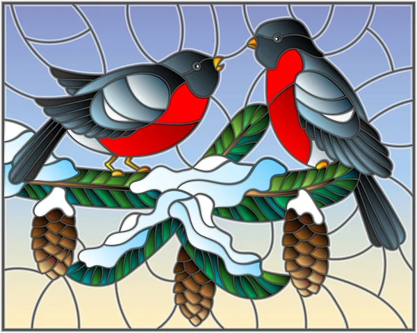 Иллюстрация в витражном стиле с парой птиц на заснеженных еловых ветвях с конусами на фоне неба — стоковый вектор