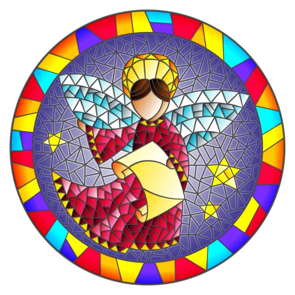 Illustration in stained glass style with an abstract angel in pink robe  , round picture frame in bright — Stock Vector